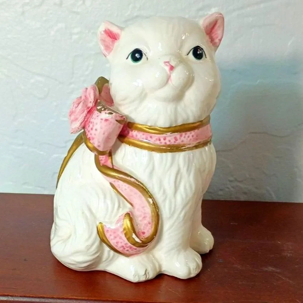 Ceramic Figurine Set White Persian Kittens adorned with pink ribbon collars~VTG~
